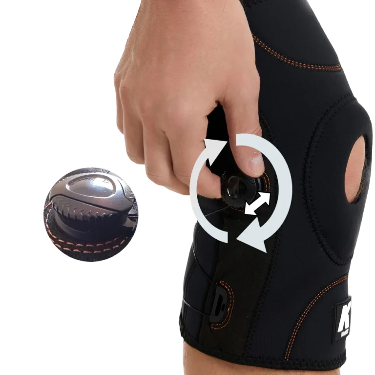 Knee brace with click and twist mechanism for long lasting compression and support.