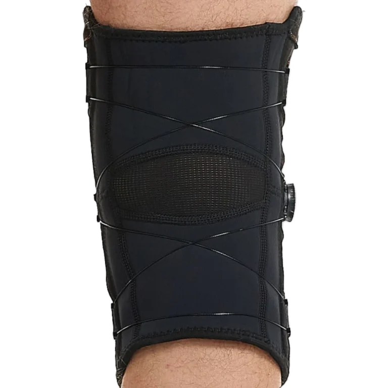 Rear view of KBrace Knee Brace Knee Support showing velcro free tightening in action