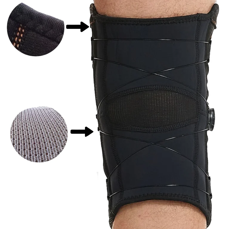 Picture showing rear of knee brace demonstrating the breathable mesh backing and tightening mechanism